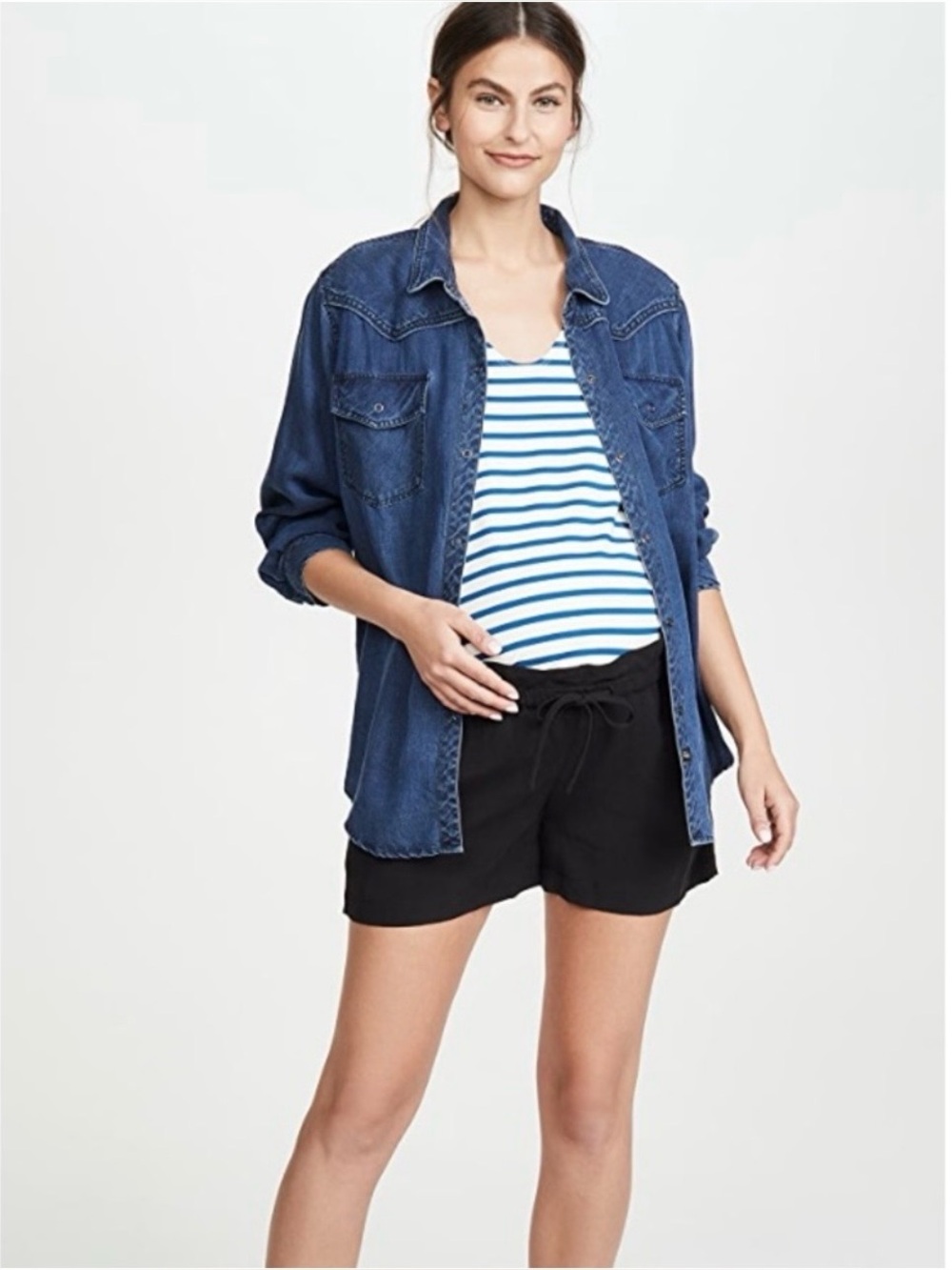 Hatch Maternity Lula Linen Blend Paperbag Drawstring Waist Shorts Black Large